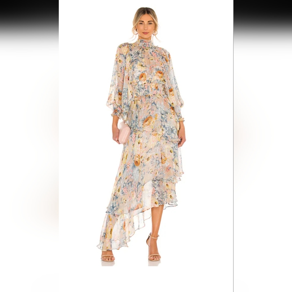 Elliatt Astrid Dress Womens Small Multi Floral High Neck Asymmetrical Maxi